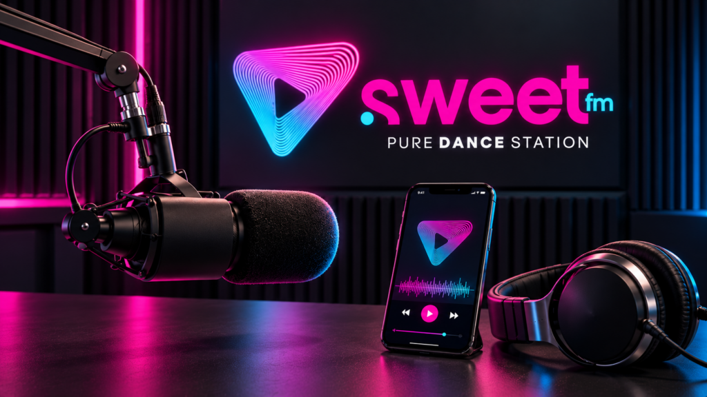 Sweet-FM-Markenvisual mit Smartphone, Kopfhörern und Mikrofon in Pink und Cyan