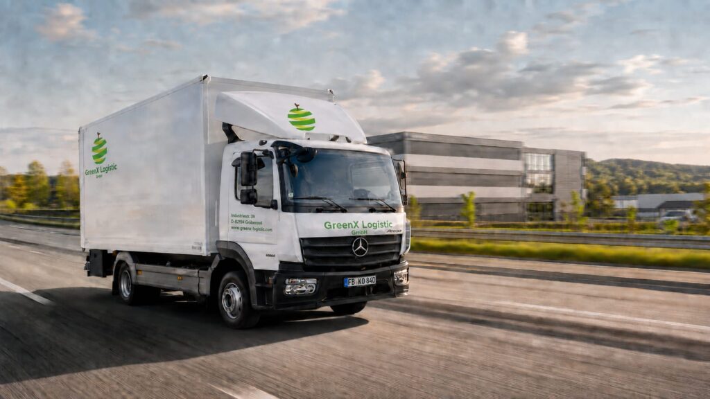 Weißer GreenX-Logistic-Transporter mit grüner Fahrzeugbeschriftung