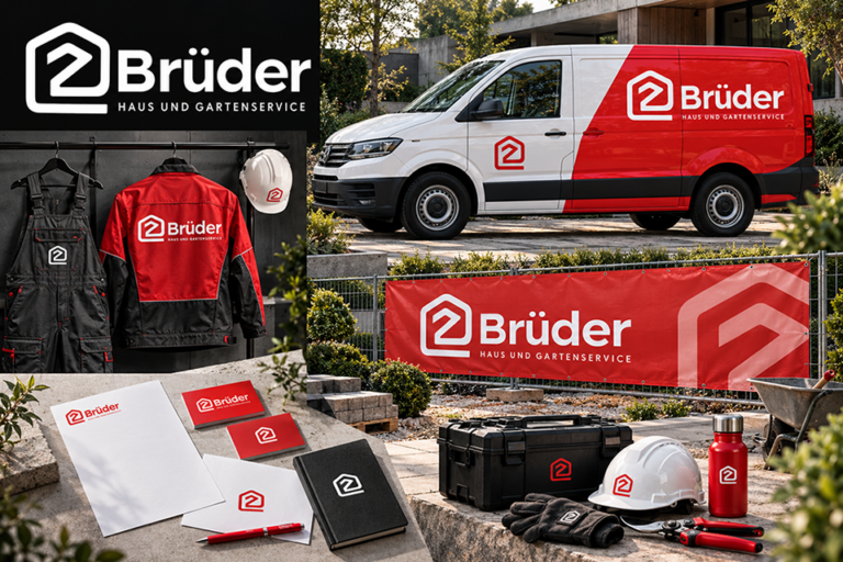 Brüder Haus und Gartenservice: Gestaltung von Logo, Kleidung, Fahrzeug und Werbemitteln