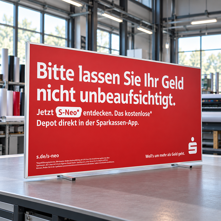 Rotes Sparkasse-Werbeschild in der saLUP-Werkstatt